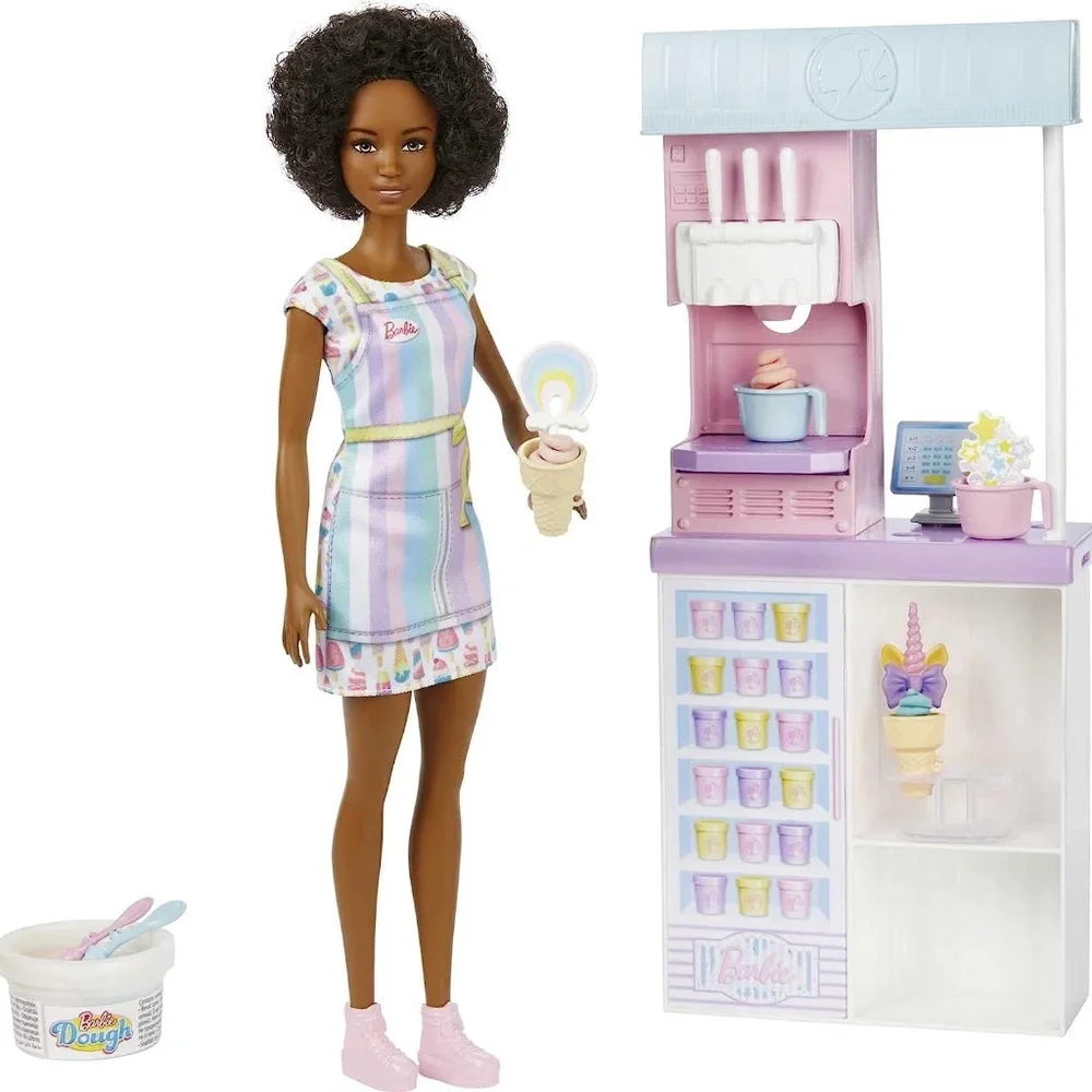 Barbie Doll With Ice Cream Shop Play Set Molds Dough Bowls Spoons Cones Register - Picture 1 of 4